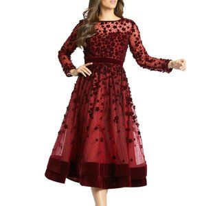 Mac Duggal Floral Applique Cocktail Dress Dark Red Burgundy Velvet Mesh 14